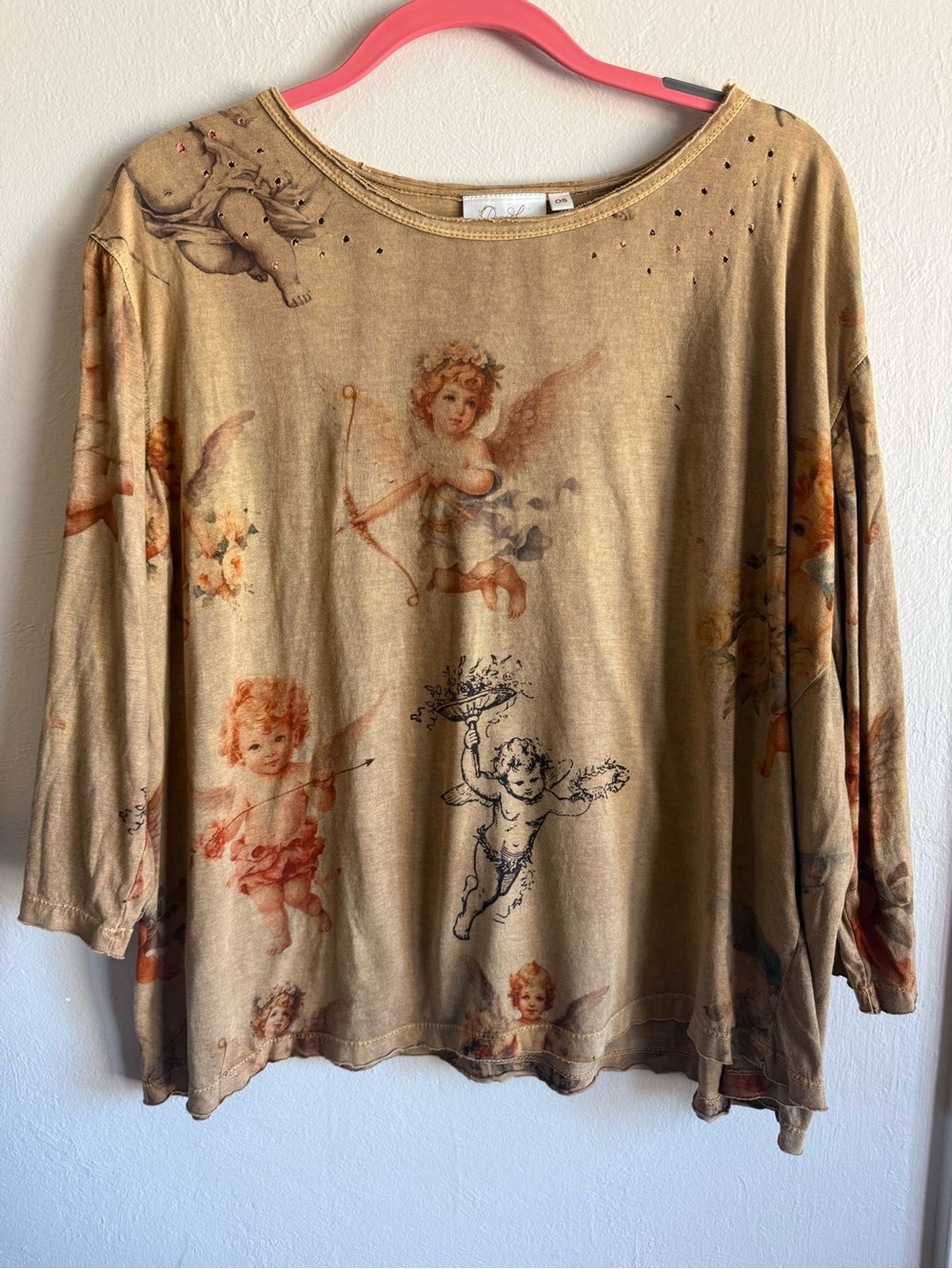 Paper Lace OS Cherub Angel Print Top Distressed Boho Cottagecore Lagenlook